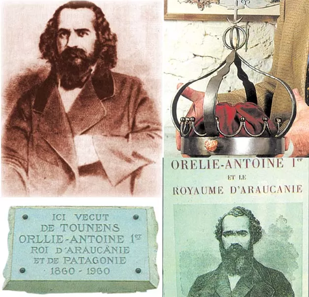 UNA FOTOGRAFIA DIRECTA DE ORLLIE ANTOINE DE TOUNENS (arriba izq). LA CORONA QUE EXHIBEN LOS DESCENDIENTES. GRABADO DE EPOCA DEL “REY DE LA PATAGONIA” (abajo der). LAPIDA EN LA TUMBA DEL REY.