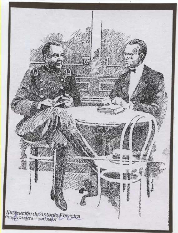 EL JOVEN ROMERO. El dibujo de Antonio Ferreira representa al filósofo en su época de militar, en una mesa de café de Tucumán. LA GACETA / ARCHIVO