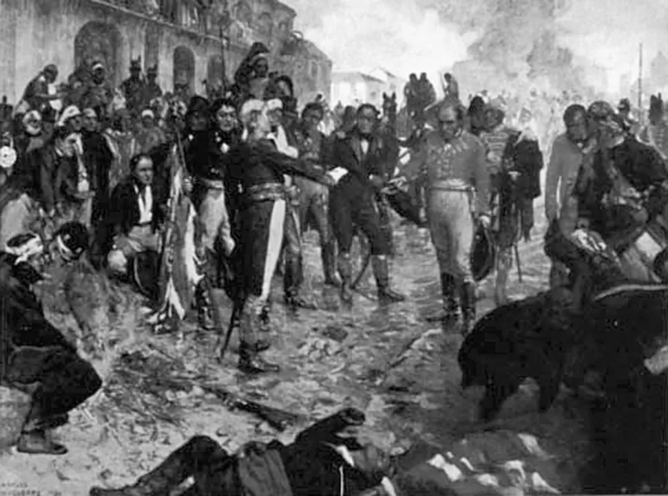 LA RENDICIÓN DE 1806. El célebre óleo de Fouqueray reconstruye el momento en que se rinde el general inglés William Carr Beresford ante Santiago de Liniers. 