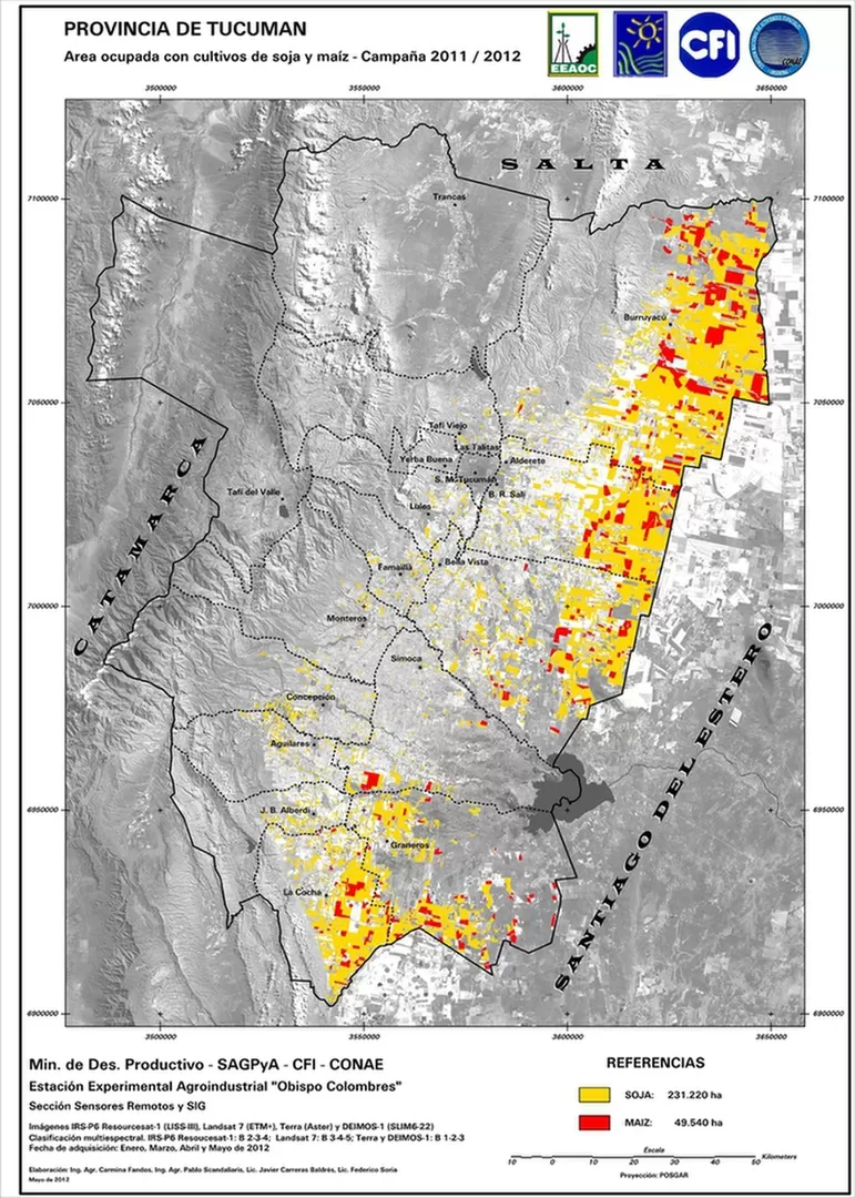 REFERENCIAL. La foto satelital muestra en rojo, el maíz, y en amarillo, la soja. GENTILEZA EEAOC