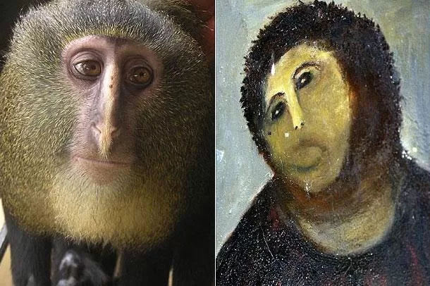 PARECIDOS. El Ecce Homo restaurado y Lesula, la nueva especie de mono africano. FOTO TOMADA DE THESUN.CO.UK