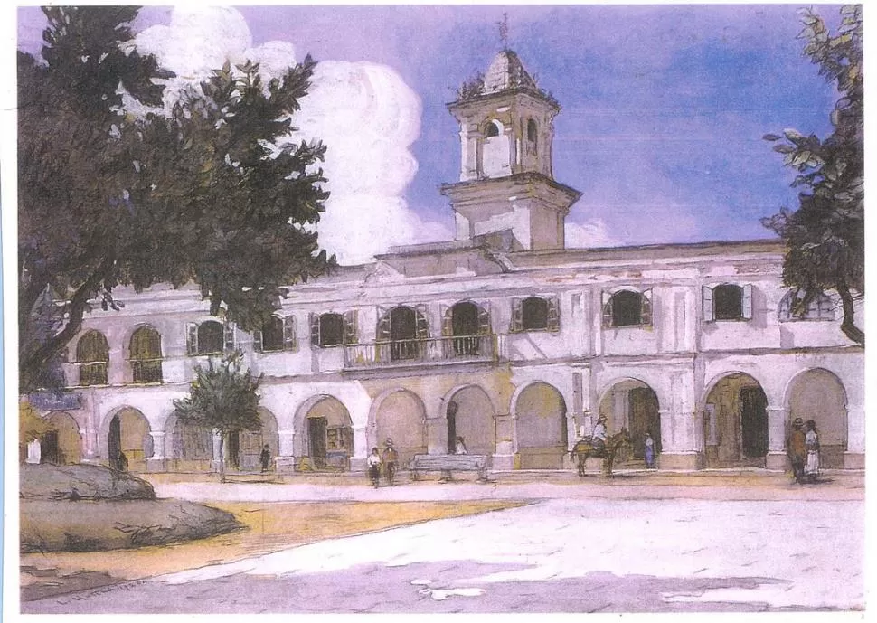 CABILDO DE SALTA. La sede de las autoridades, con el aspecto que presentaba a comienzos del siglo pasado, según una pintura de Léonie Matthis. LA GACETA / FOTOS DE ARCHIVO
