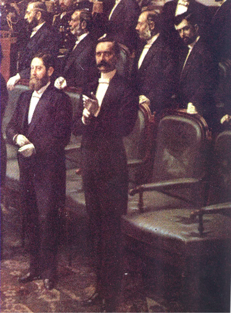 EDUARDO WILDE. En este detalle del óleo de Blanes, aparece a la izquierda, junto a Carlos Pellegrini, en el viejo Congreso Nacional. LA GACETA / ARCHIVO