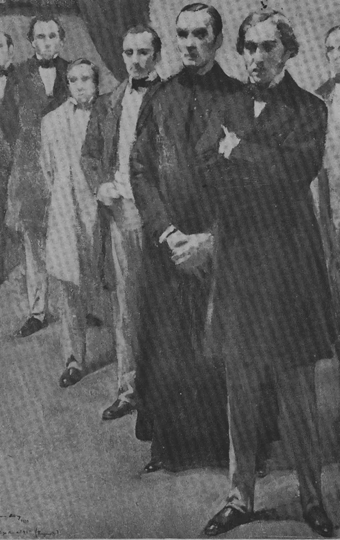 SALUSTIANO ZAVALÍA. Retratado de chaleco blanco, detrás del presbítero Lavyasse, en un detalle del célebre óleo Los constituyentes del 53, de Antonio Alice.
 LA GACETA / ARCHIVO