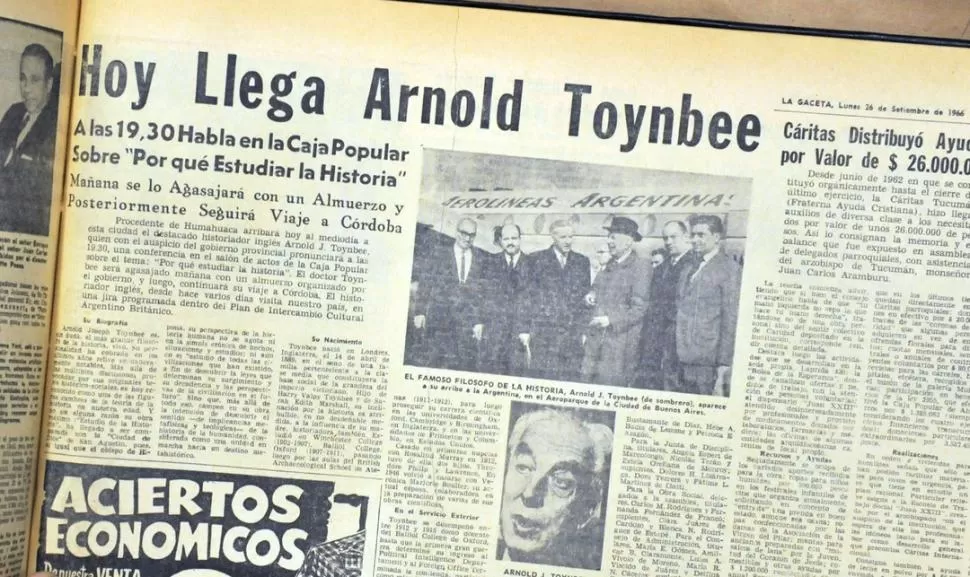 PÁGINA INTERIOR DEL 25/9/1966. LA GACETA se propone (y consigue) explicar a los lectores la relevancia de Arnold Joseph Toynbee, que ese día ofrece una conferencia abierta en el salón de la Caja Popular.  