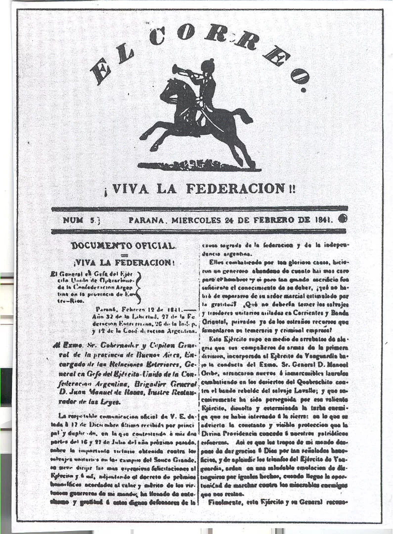 TIEMPOS DE ROSAS. Portada de una edición de El Correo, que se publicaba en 1841 en la ciudad de Paraná. LA GACETA / ARCHIVO 