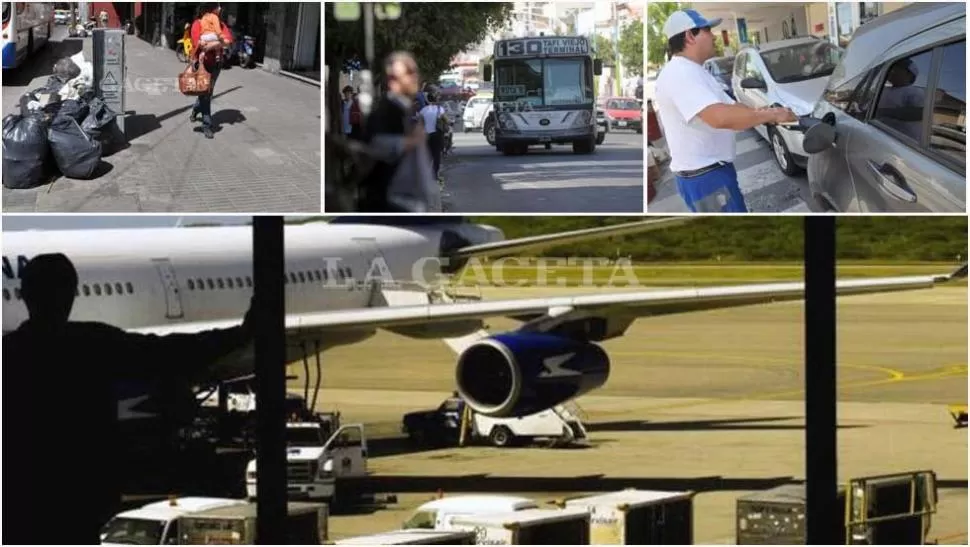 LOS UNOS Y LOS OTROS. El gremio de UTA confirmó que no se movilizará mañana; los vuelos estarán suspendidos; las estaciones de servicio trabajarán con su stock; no pasará el basurero. FOTOS ARCHIVO LA GACETA