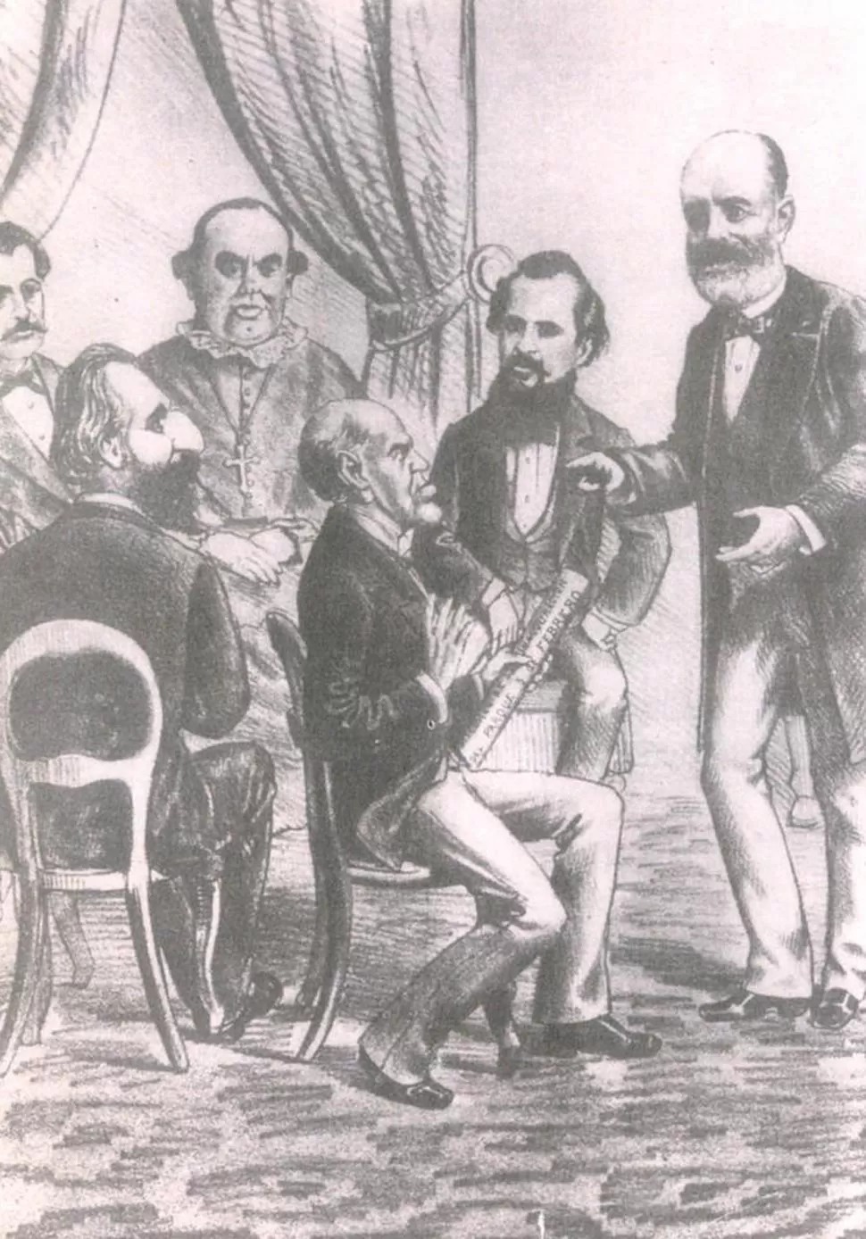 NICOLÁS AVELLANEDA. Aparece de pie, entre el obispo Aneiros y Juan Martínez Villergas. Sentados, Adolfo Alsina y Domingo F. Sarmiento. Es una caricatura de 1875. LA GACETA / ARCHIVO
