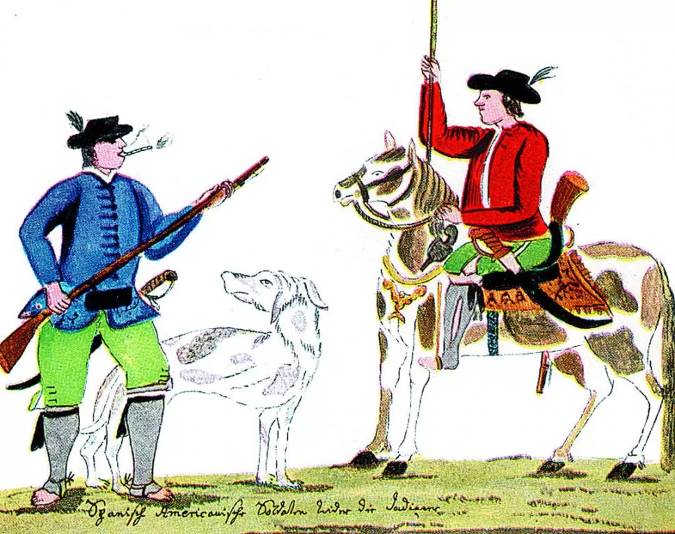 EN EL SIGLO XVIII. Dos vecinos del Tucumán, en uno de los dibujos de época confeccionados por el padre Julián Paucke. LA GACETA / ARCHIVO