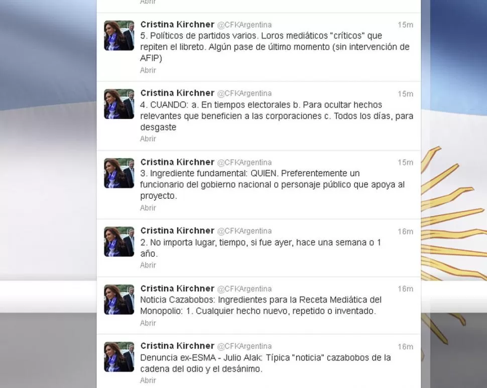 22 TWITS. En media hora, la Presidenta se despachó contra varios frentes. TWITTER / @CFKARGENTINA