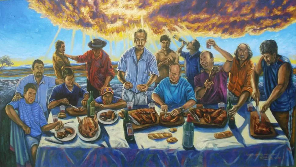 RETRATOS DE BARRIO. Amigos, asadito, pan y vino (arriba), Paco y El Cumple de Morena (ambos al pie de la página), imágenes que reflejan la cotidianidad convertida en un universo mágico. Fueron pintadas con óleo sobre tela excepto Paco, realizada con carbón sobre tela. LA GACETA / FOTO DE ALVARO MEDINA