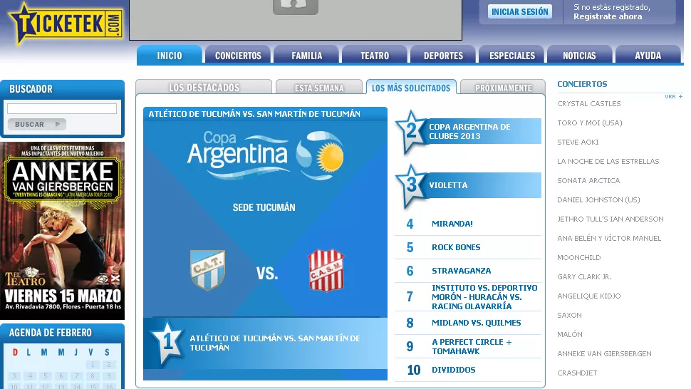 ACENTO TUCUMANO. La venta de tickets para el partido supera en el ranking a otros espectáculos.  CAPTURA DE TICKETEK.COM.AR