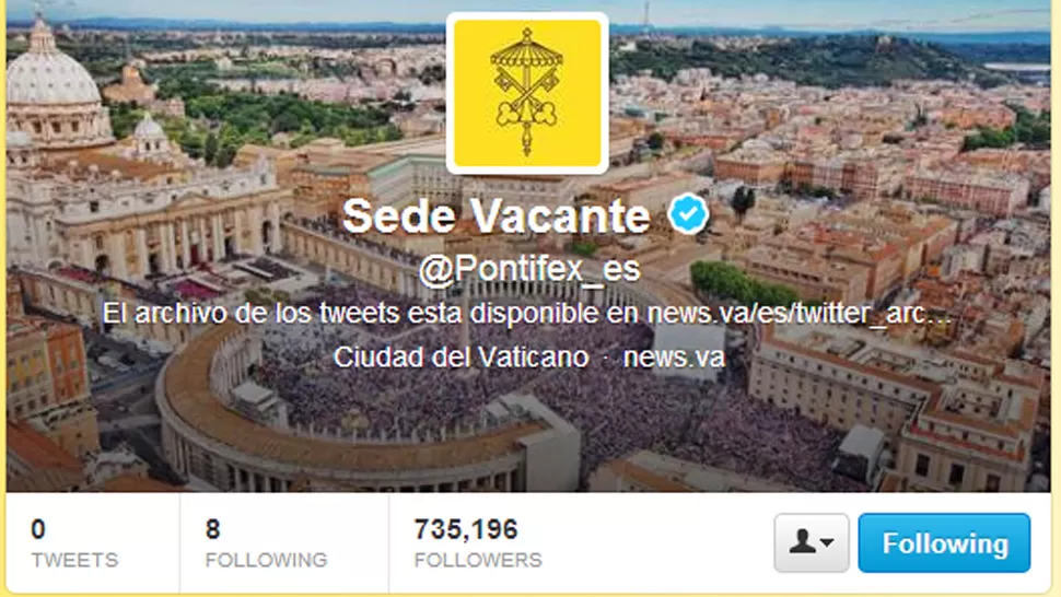 VACANTE. Así figura la cuenta de noticias del Vaticano. CAPTURA DE PANTALLA DE TWITTER