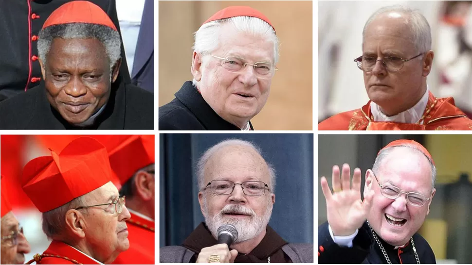 FAVORITOS. Turkson, Scola, Scherer, Sandri, O'Malley y Dolan representan distintos estilos de la Iglesia. EFE