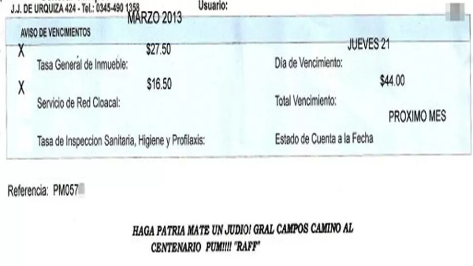 INCREIBLE. El mensaje antisemita se lee al final de la boleta. IMAGEN TOMADA DE CLARIN.COM.AR