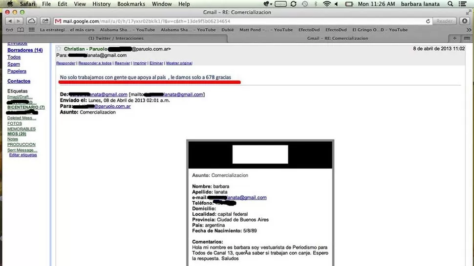 EL MAIL. La hija de Lanata mostró el correo electrónico con la respuesta de Paruolo. CAPTURA DE PANTALLA