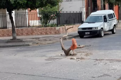 Con un tronco advierten que en el medio de la calle hay un cráter