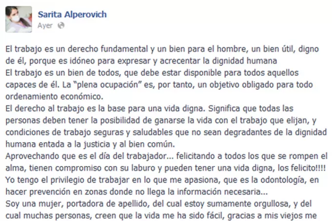 EL TEXTO. Esto es lo que dijo Sarita Alperovich en la red social. IMAGEN TOMADA DE  FACEBOOK