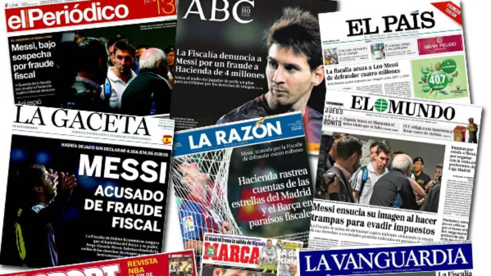 BAJO SOSPECHA. Messi acusado de fraude fiscal, Messi ensucia su imagen al hacer trampas para evadir impuestos, Un símbolo bajo sospecha, La fiscalía acusa a Messi de defraudar 4 millones, son algunos de los títulos que ocupan hoy las portadas de los medios españoles. FOTO TOMADA DE INFOBAE.COM