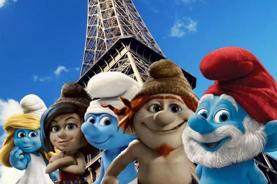 PITUFOS EN LA TORRE EIFFEL. A dos de ellos les falta el toque azul. Fueron los creados por Gargamel.  