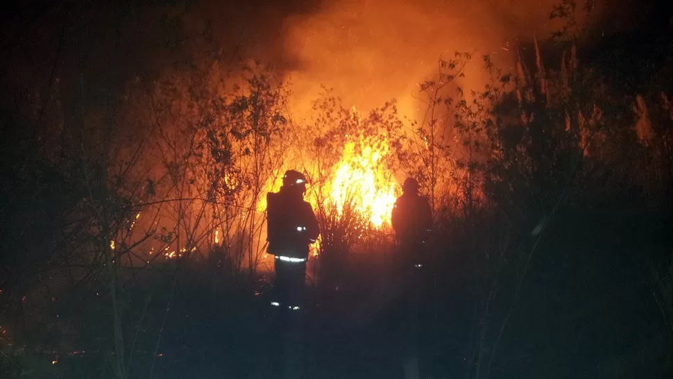 ENTRE LAS LLAMAS. Seis bomebros usaron mochilas de agua para sofocar el fuego. FOTO TOMADA DE FACEBOOK.COM/BOMBEROS.VOLUNTARIOSYB