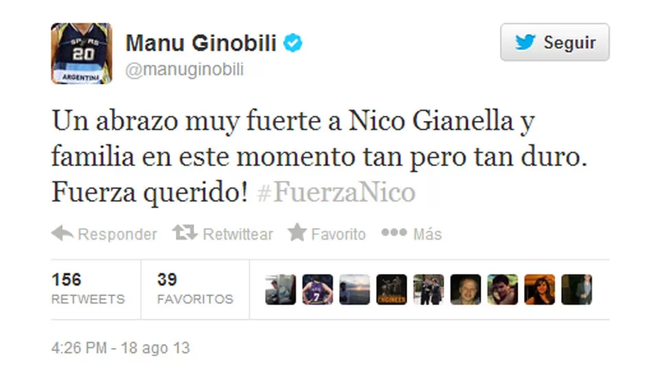 DOLOR EN LAS REDES SOCIALES. Manu Ginóbili fue uno de los miles que le dejaron mensajes de apoyo a la familia del pequeño Juan Andrés. FOTO TOMADA DE TWITER.COM/MANUGINOBILI