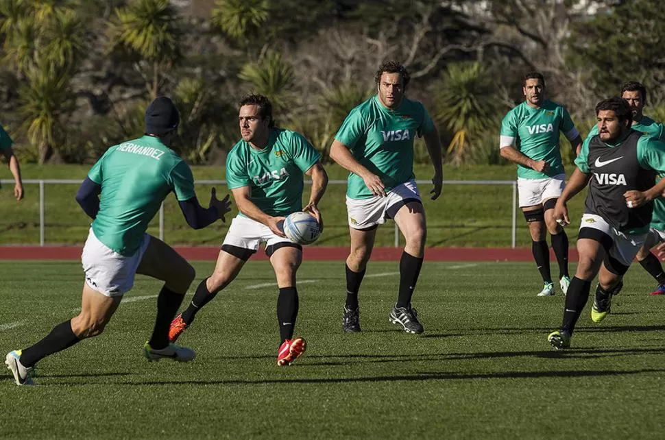 UNA ALFOMBRA. Nicolás Sánchez, que será titular, se entrena con el resto en la superficie de práctica en Hamilton. 