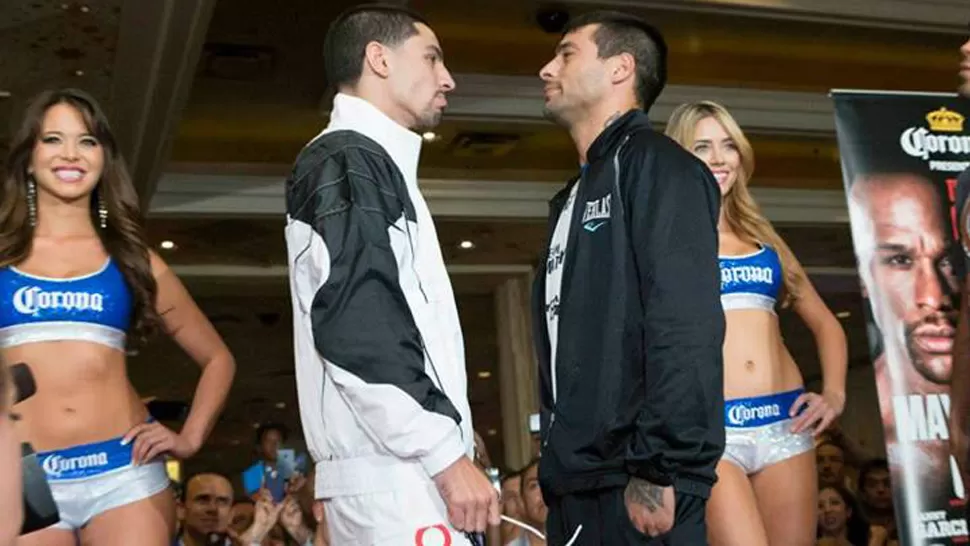 FRENTE A FRENTE. García y Matthysse se vieron ayer por primera vez en Las Vegas, durante la conferencia de prensa en el MGM. FOTO TOMADA DE FACEBOOK.COM/GOLDENBOYBOXING