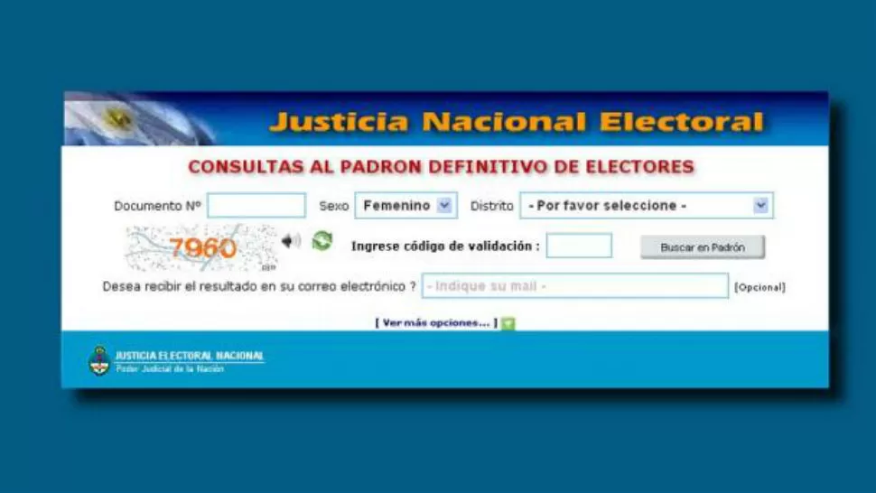 FÁCIL. Sólo hay que ingresar el número de DNI para saber en qué establecimiento y mesa votar en las PASO. FOTO TOMADA DE WWW.PADRON.GOB.AR