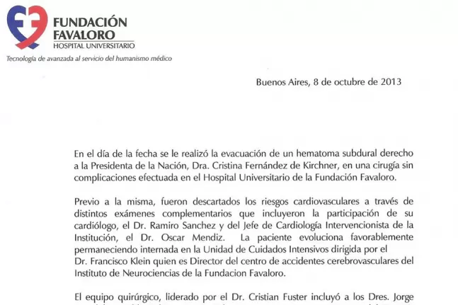 OPERACIÓN EXITOSA. Mañana al mediodía se emitirá un nuevo parte médico sobre la salud de la mandataria. 