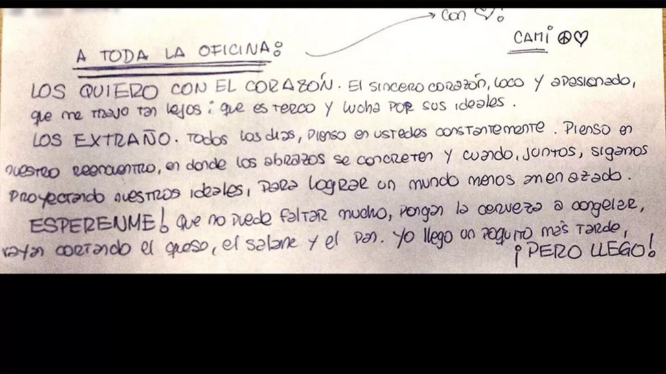 Espérenme, no puede faltar mucho, escribió Camila Speziale a sus compañeros de Greenpeace