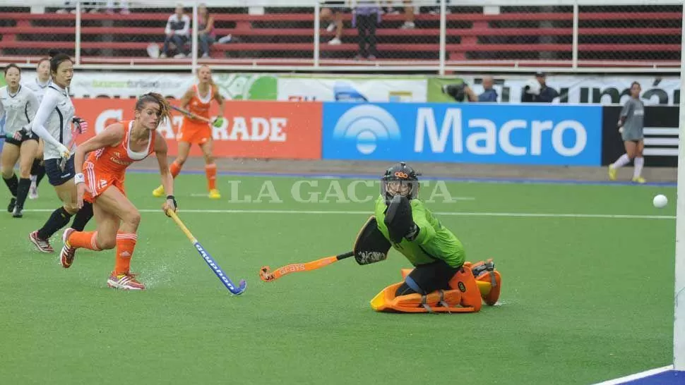 Goal maker. Lidewij Welten converts the first of her goals against the Corean team.