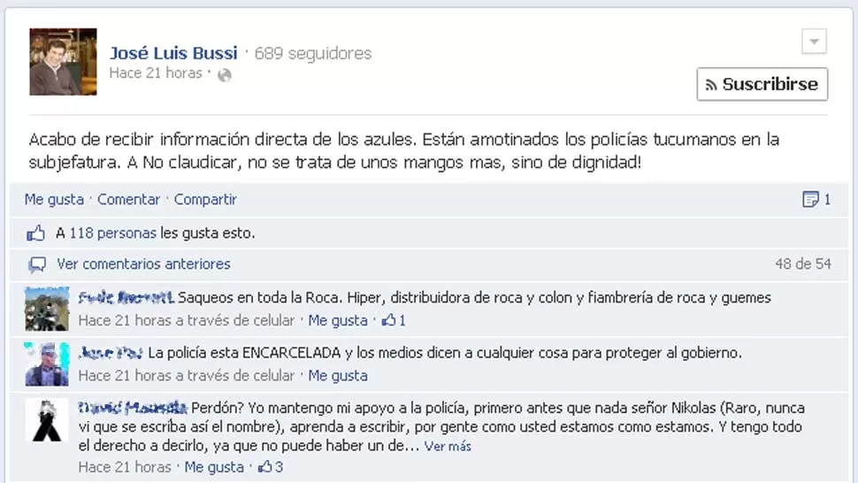 EL MENSAJE. El ex legislador alentó a los uniformados horas antes del inicio del caos. FOTO TOMADA DE FACEBOOK.COM/JOSELUIS.BUSSI1