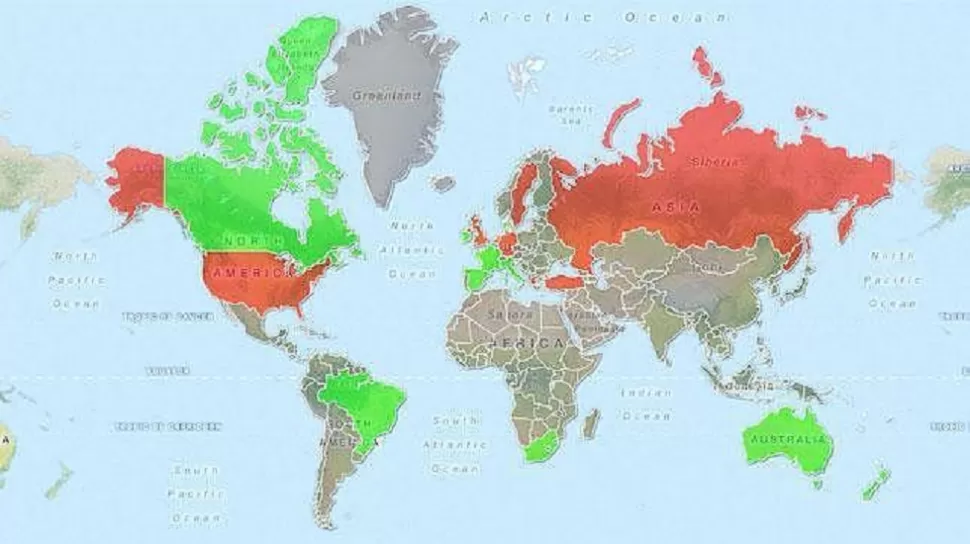 EN GRIS. Los argentinos quedamos afuera del ranking. FOTO TOMADA DE TARGETMAP.COM