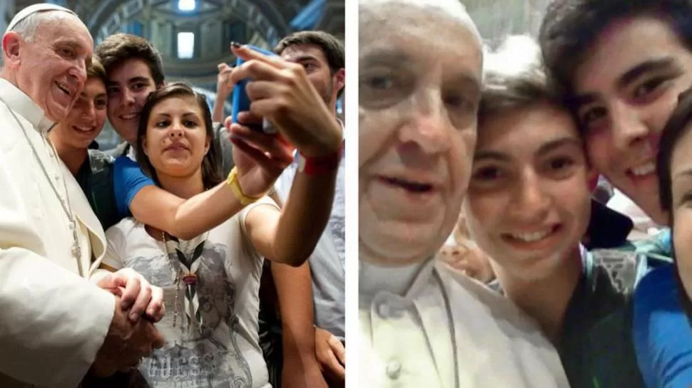 “SELFIE” DEL PAPA. A la izquierda, se saca fotos con unos de chicos; a la derecha, la imagen, tal como quedó. infobae.com