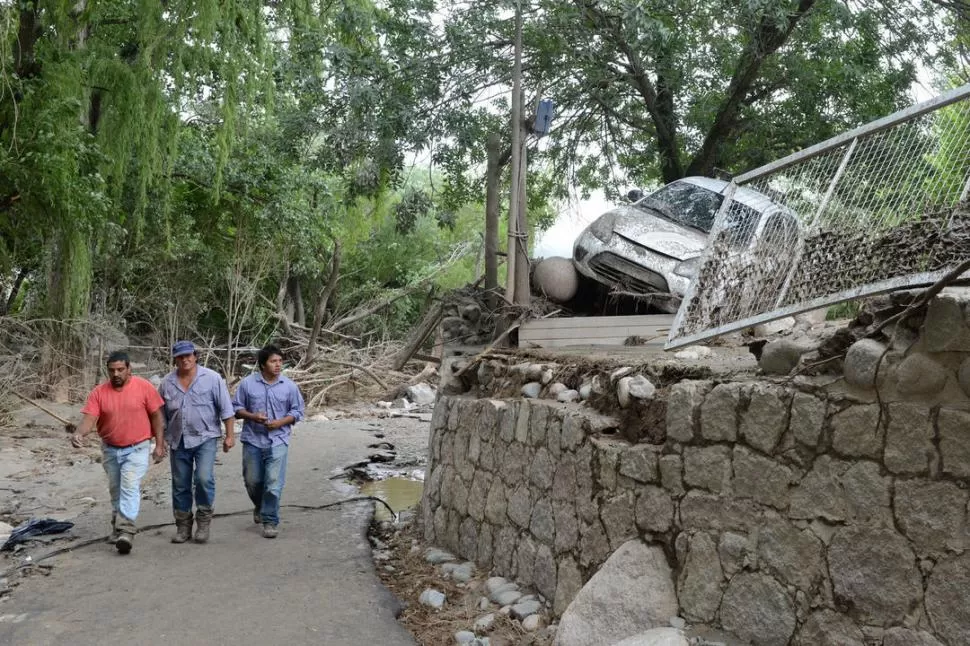 RECORRIDA. Operarios miran sorprendidos los destrozos de la tempestad.   