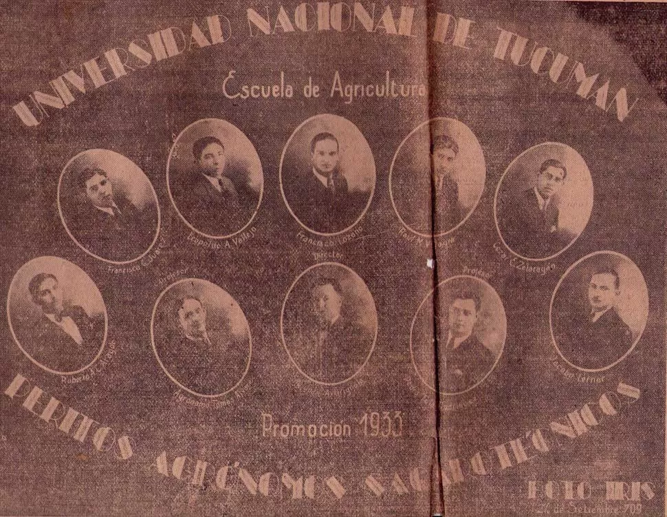 Facsímil del afiche de la promoción 1933 de la Escuela de Agricultura y Sacarotecnia, dependiente de la UNT.