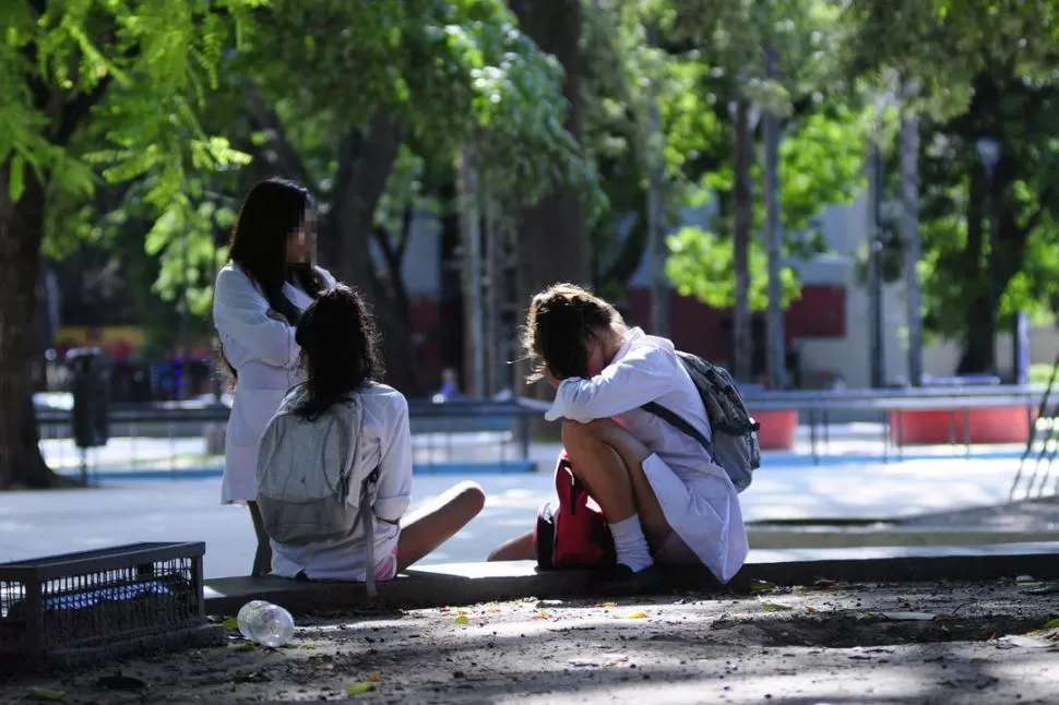 PLAZA URQUIZA. Luego de rendir los exámenes las alumnas se fueron a conversar antes de volver a casa.   