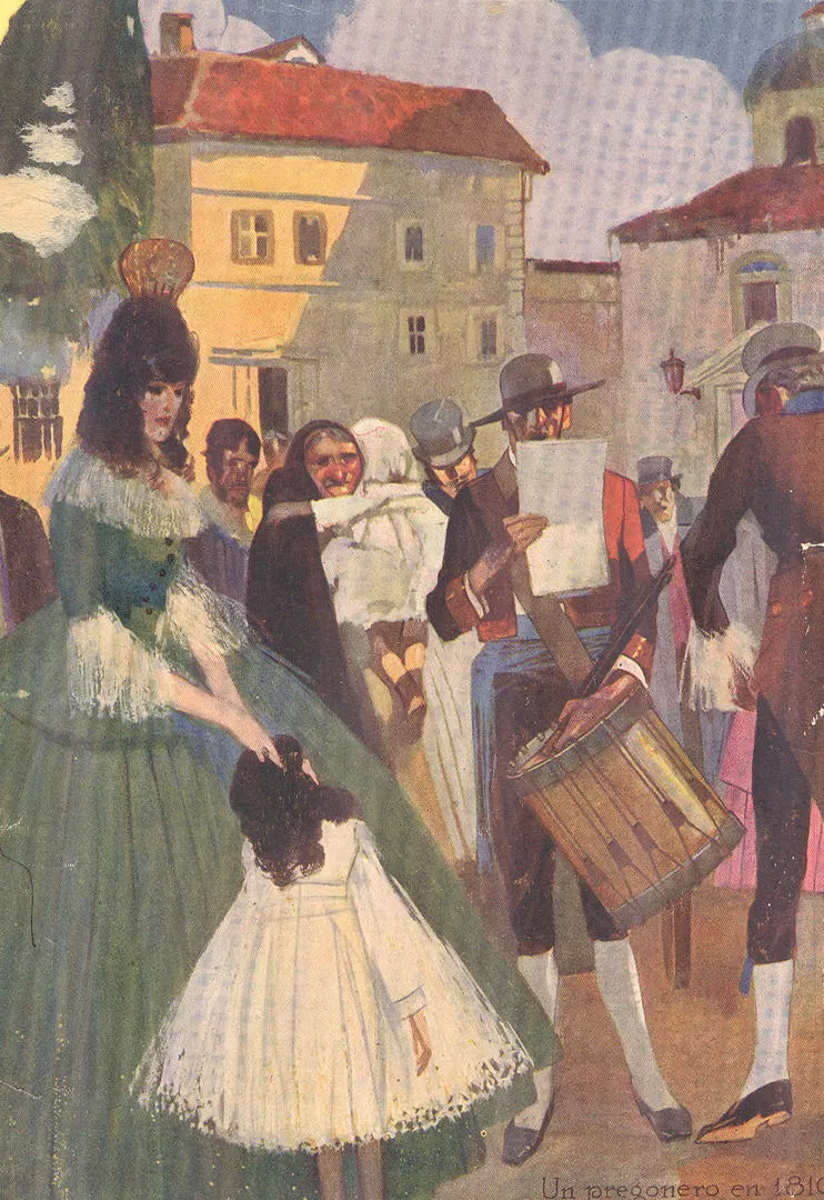 UN PREGONERO EN 1816. Un estilizado dibujo de Alonso, en “Caras y Caretas” de 1917, reconstruye la lectura de un bando en tiempos de la Independencia. la gaceta / archivo