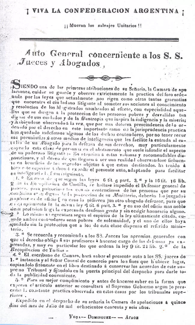 AUTO PARA JUECES Y ABOGADOS. Una resolución de la Cámara de Apelaciones creada en 1842, impresa en hoja suelta. la gaceta / archivo