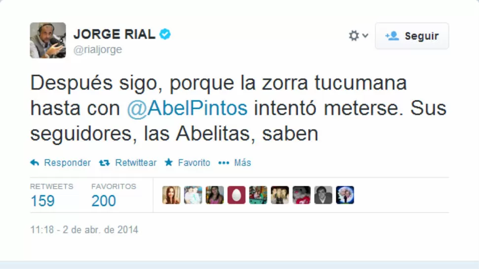 DURO. El periodista vinculó a la tucumana con el cantante Abel Pintos. CAPTURA DE PANTALLA DE TWITTER.COM/RIALJORGE