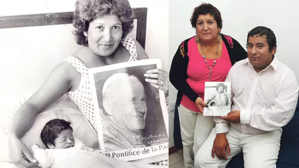 FELICES. Isolina y Juan Pablo Segundo, el día después de la visita del papa, con el suplemento de LA GACETA; 27 años después, con la histórica foto. LA GACETA / FOTO ARCHIVO - FOTO DE DIEGO ARÁOZ
