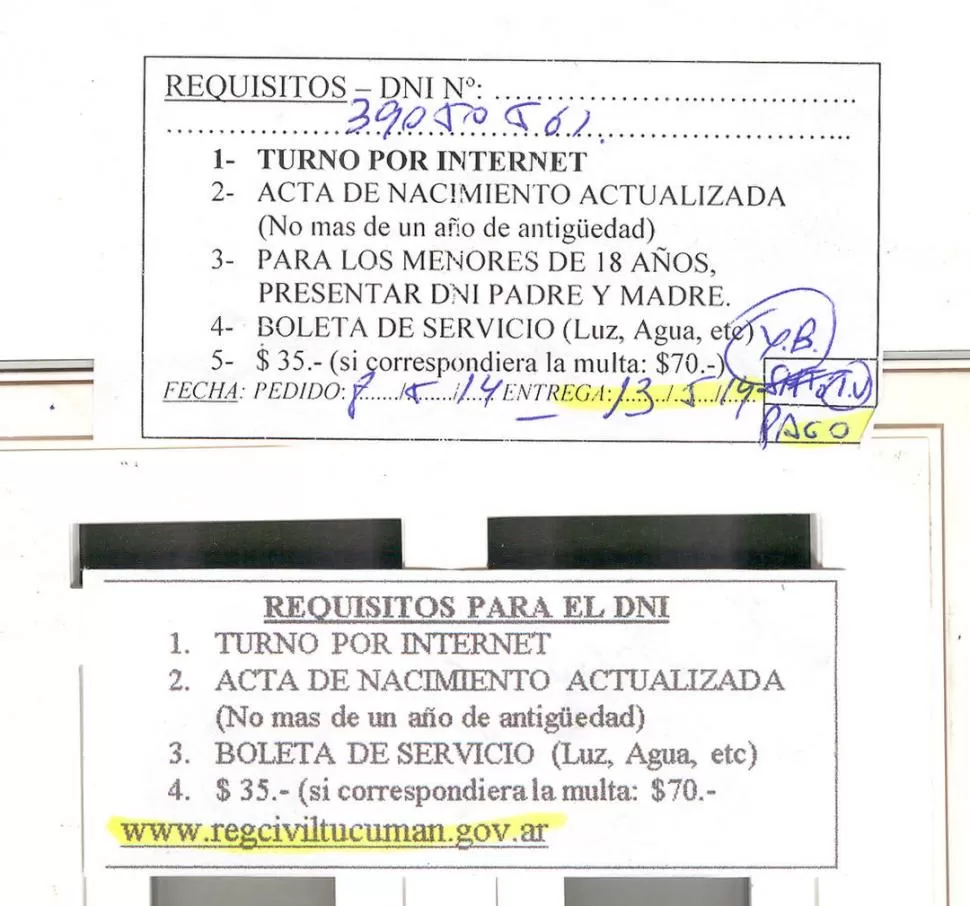 Los requisitos  para renovar el DNI figuran en los papeles que entregan los quioscos que sacan turnos on line.
 