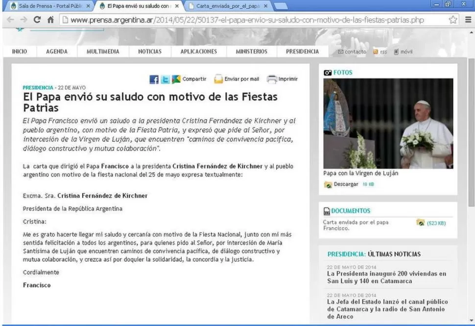 DOCUMENTO. En la página oficial de Presidencia, se “colgó” ayer la información que luego fue desmentida.  