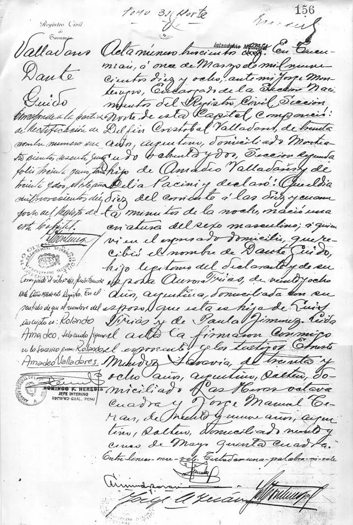 ACTA DE NACIMIENTO. El 11 de marzo de 1918 inscribían a Dante Guido Valladares. 