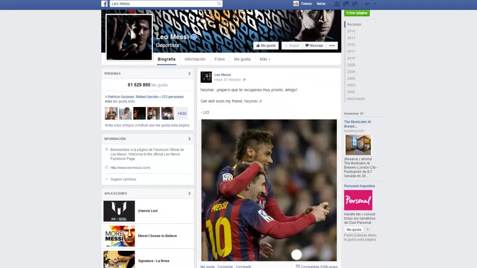 MENSAJE. Neymar, íespero que te recuperes muy pronto, amigo!, escribió el capitán albiceleste en su página de la red social Facebook. FOTO TOMADA DEL FACEBOOK DE MESSI