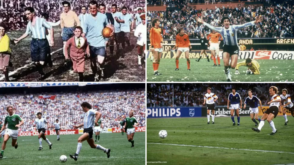 CUATRO FINALES. Argentina contra Uruguay en 1930, el triunfo sobre Holanda en 1978, y las dos finales con Alemania, el título de 1986 y la derrota en 1990.