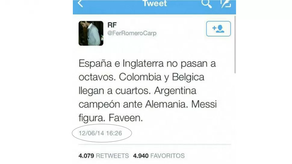 PRONOSTICO TUITERO. España e Inglaterra no pasan a octavos. Colombia y Bélgica llegan a cuartos. Argentina campeón ante Alemania. Messi figura. Hasta ahora se viene cumpliendo sus predicciones. Solo falta que Argentina le gane a Alemania y Messi sea consagrado como la figura. 