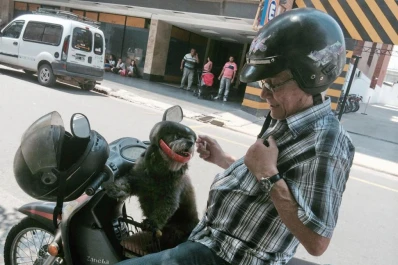 Circula en moto con su perro con casco