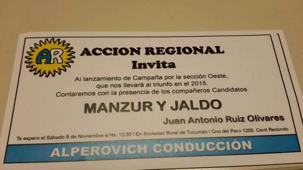 INVITACIÓN. Esta tarjeta recibieron quienes hoy asistirán al acto político.  